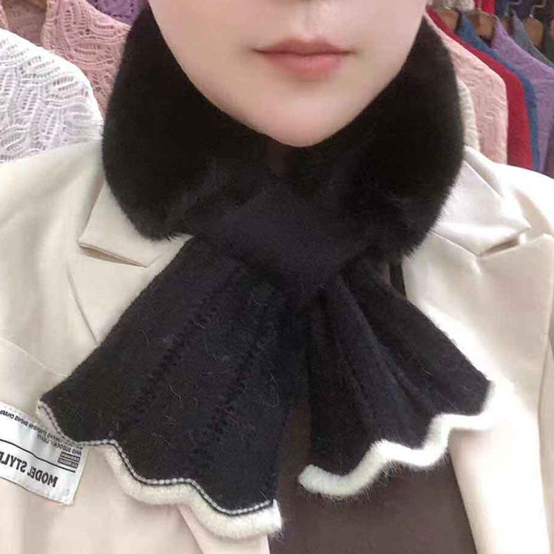 New Winter Japanese and Korean Sweet Scarf Velvet Knitted Lace Stitching Thickening Warm Neck Protection Fur Collar Small Scarf New Winter Japanese and Korean Sweet Scarf Velvet Knitted Lace Stitching Thickening Warm Neck Protection Fur Collar Small Scarf
