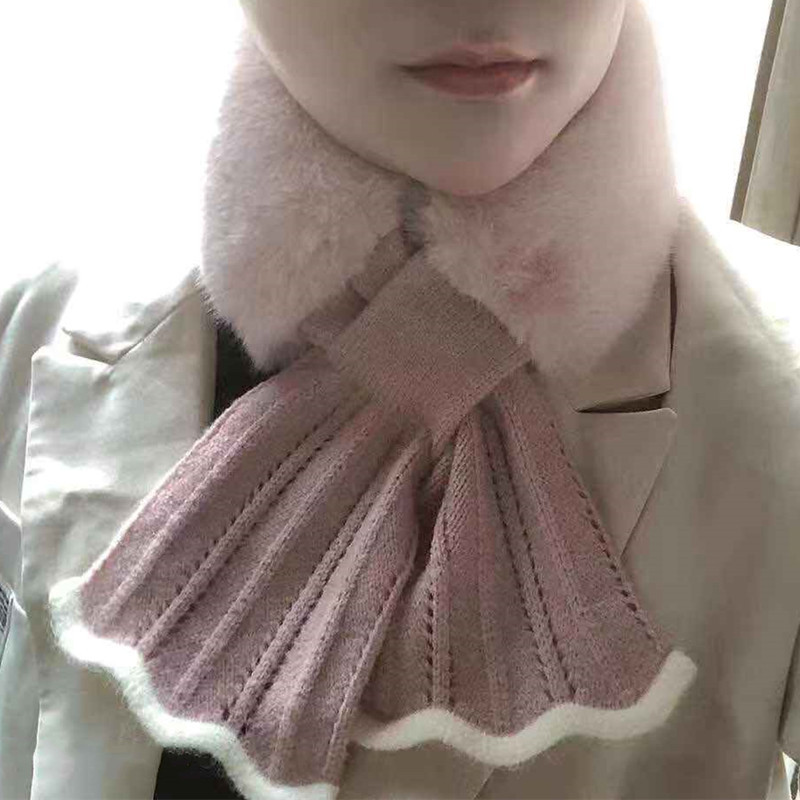 New Winter Japanese and Korean Sweet Scarf Velvet Knitted Lace Stitching Thickening Warm Neck Protection Fur Collar Small Scarf New Winter Japanese and Korean Sweet Scarf Velvet Knitted Lace Stitching Thickening Warm Neck Protection Fur Collar Small Scarf