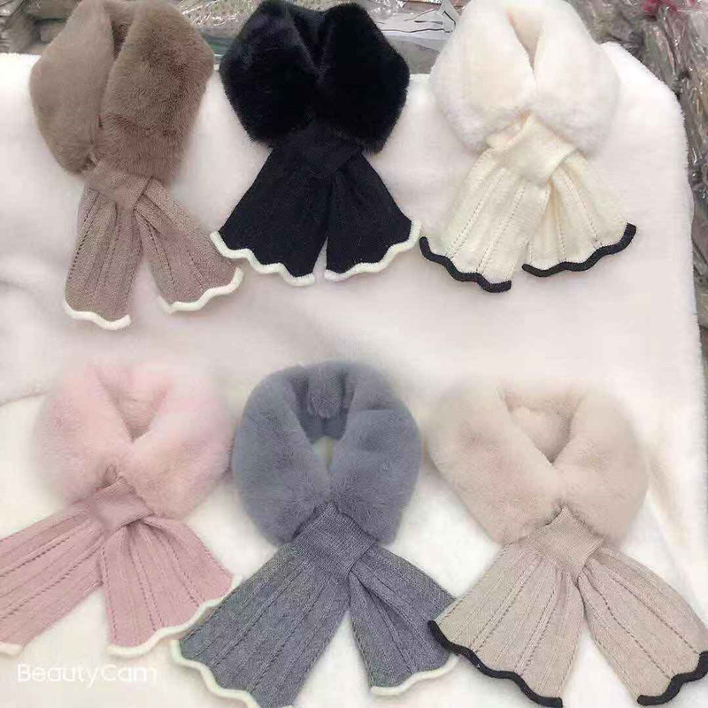 New Winter Japanese and Korean Sweet Scarf Velvet Knitted Lace Stitching Thickening Warm Neck Protection Fur Collar Small Scarf New Winter Japanese and Korean Sweet Scarf Velvet Knitted Lace Stitching Thickening Warm Neck Protection Fur Collar Small Scarf