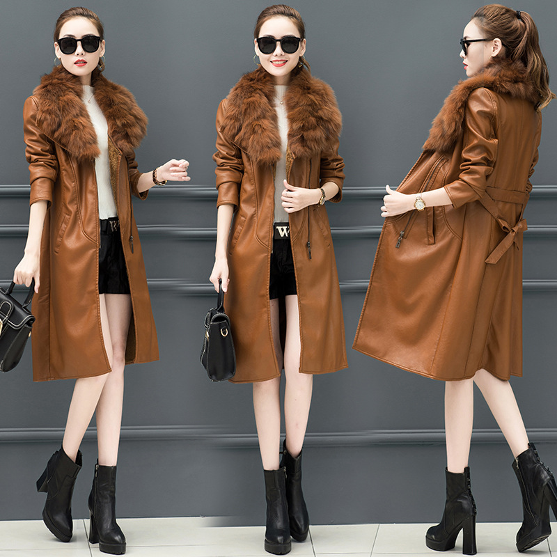 with velvet Thickening Medium and long Korean Version 2019 New Slimming Slimming Waist Large fur collar leather Coat