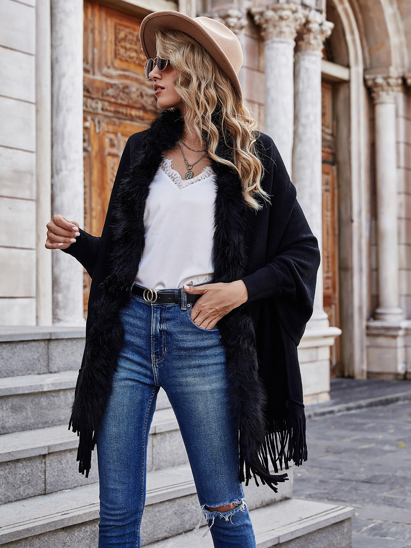 European and American Foreign Trade Sweater Women 2021 Amazon Independent Station Autumn and Winter New Fur Collar Shawl Cardigan Sweater Coat