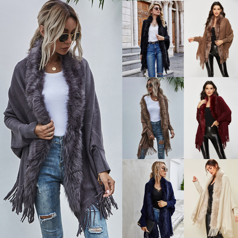European and American Foreign Trade Sweater Women 2021 Amazon Independent Station Autumn and Winter New Fur Collar Shawl Cardigan Sweater Coat