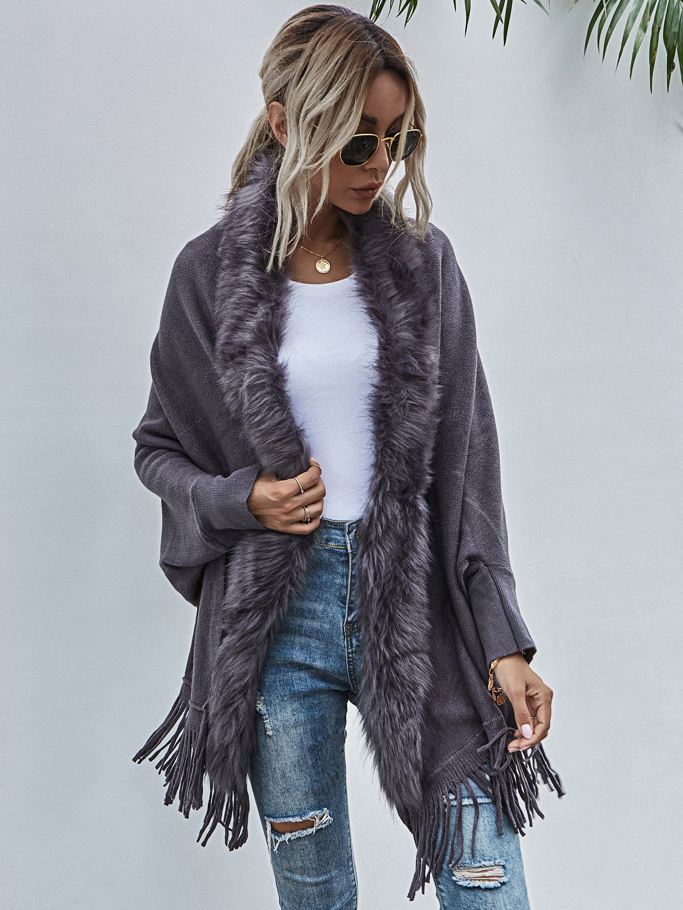 European and American Foreign Trade Sweater Women 2021 Amazon Independent Station Autumn and Winter New Fur Collar Shawl Cardigan Sweater Coat