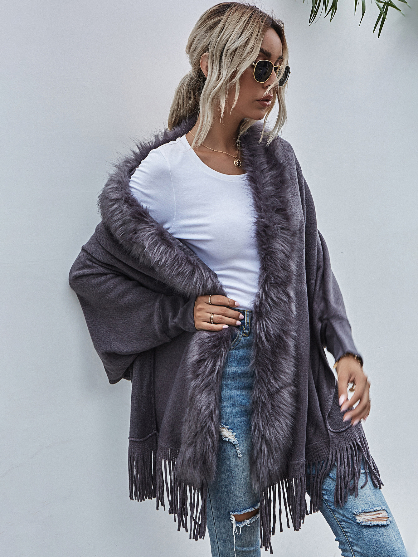 European and American Foreign Trade Sweater Women 2021 Amazon Independent Station Autumn and Winter New Fur Collar Shawl Cardigan Sweater Coat