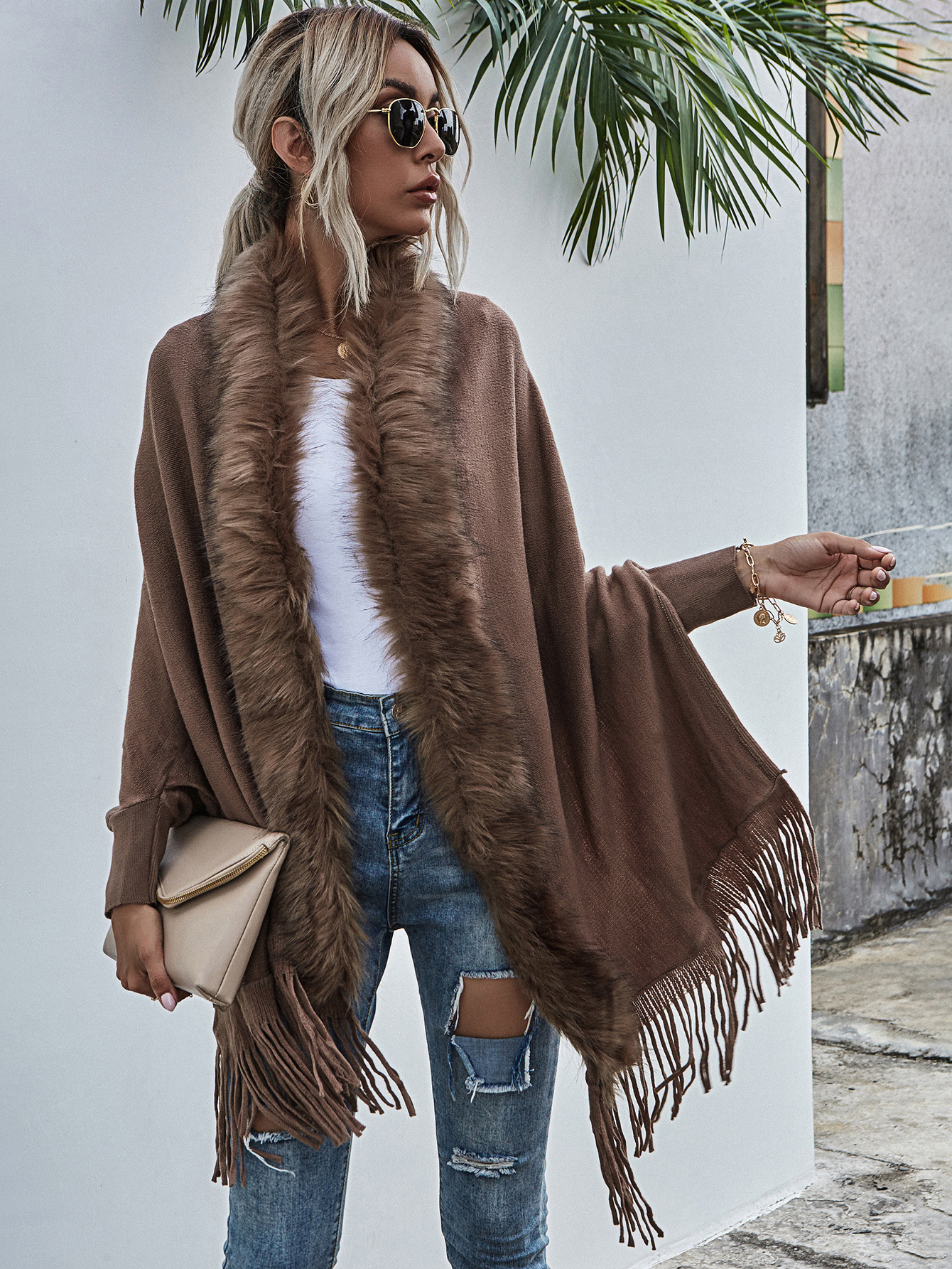 European and American Foreign Trade Sweater Women 2021 Amazon Independent Station Autumn and Winter New Fur Collar Shawl Cardigan Sweater Coat