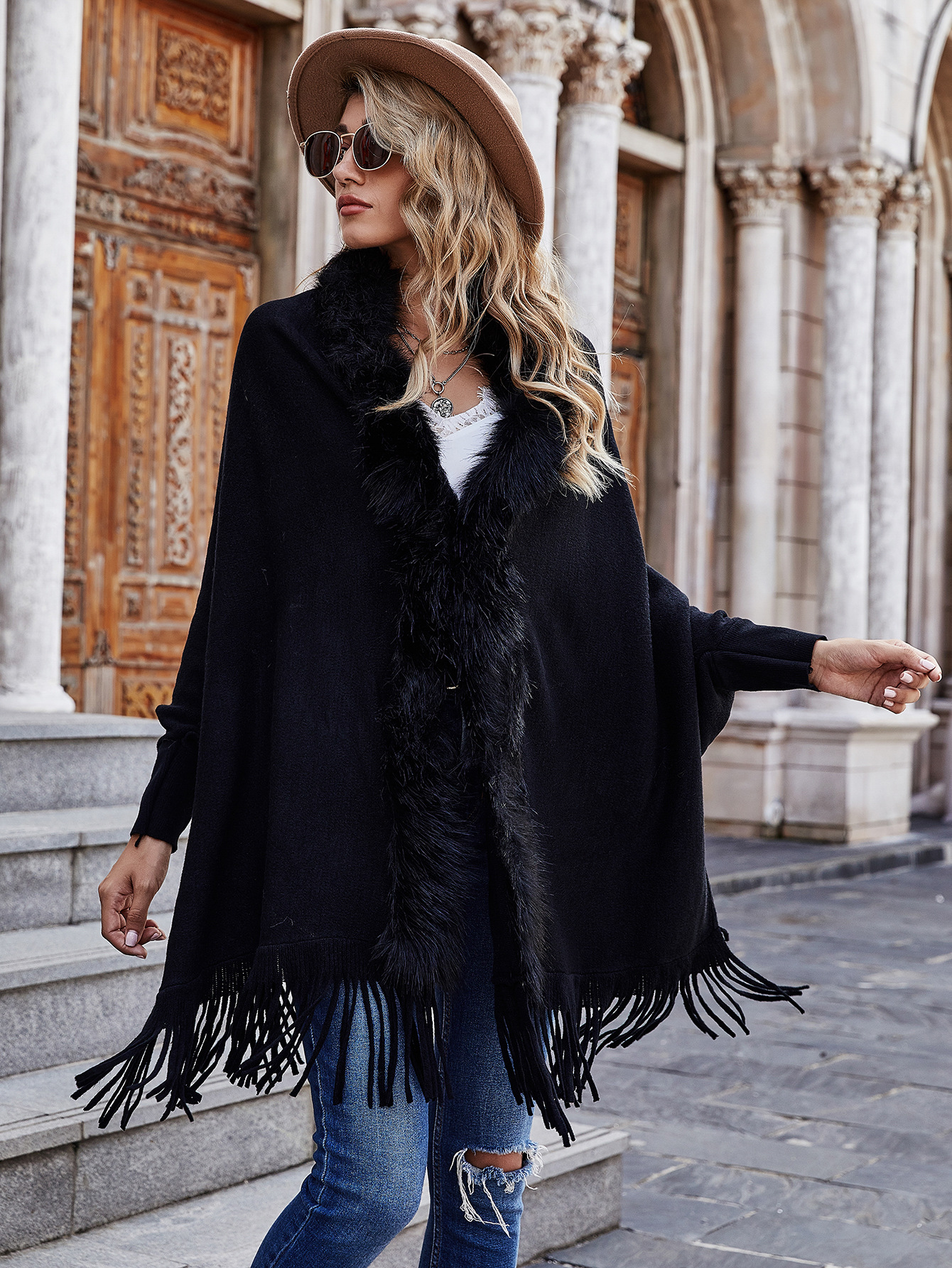 European and American Foreign Trade Sweater Women 2021 Amazon Independent Station Autumn and Winter New Fur Collar Shawl Cardigan Sweater Coat