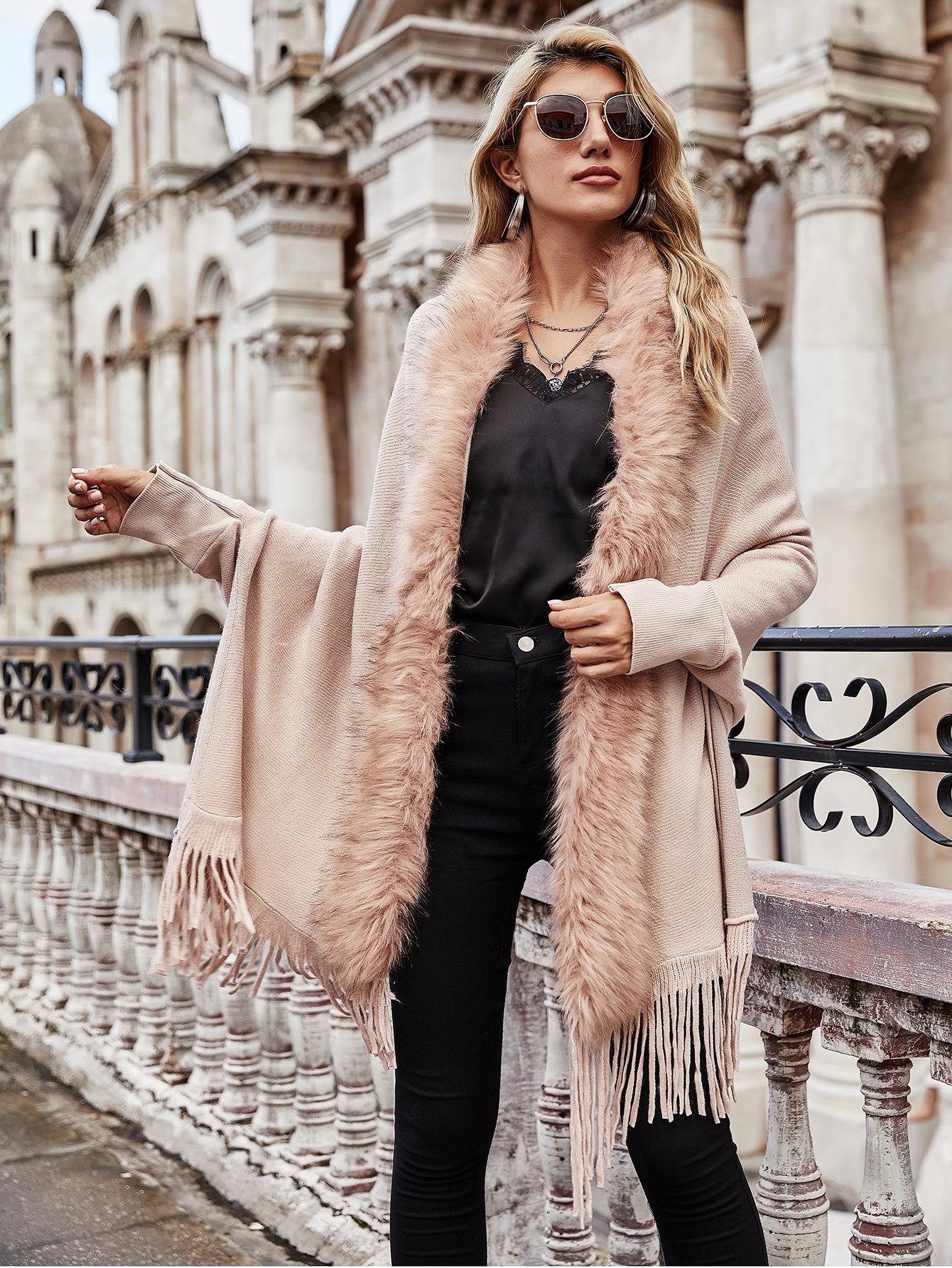 European and American Foreign Trade Sweater Women 2021 Amazon Independent Station Autumn and Winter New Fur Collar Shawl Cardigan Sweater Coat