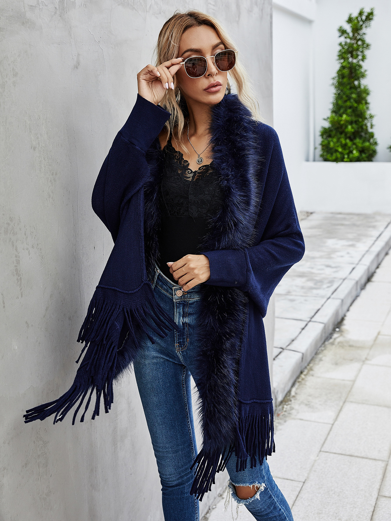 European and American Foreign Trade Sweater Women 2021 Amazon Independent Station Autumn and Winter New Fur Collar Shawl Cardigan Sweater Coat