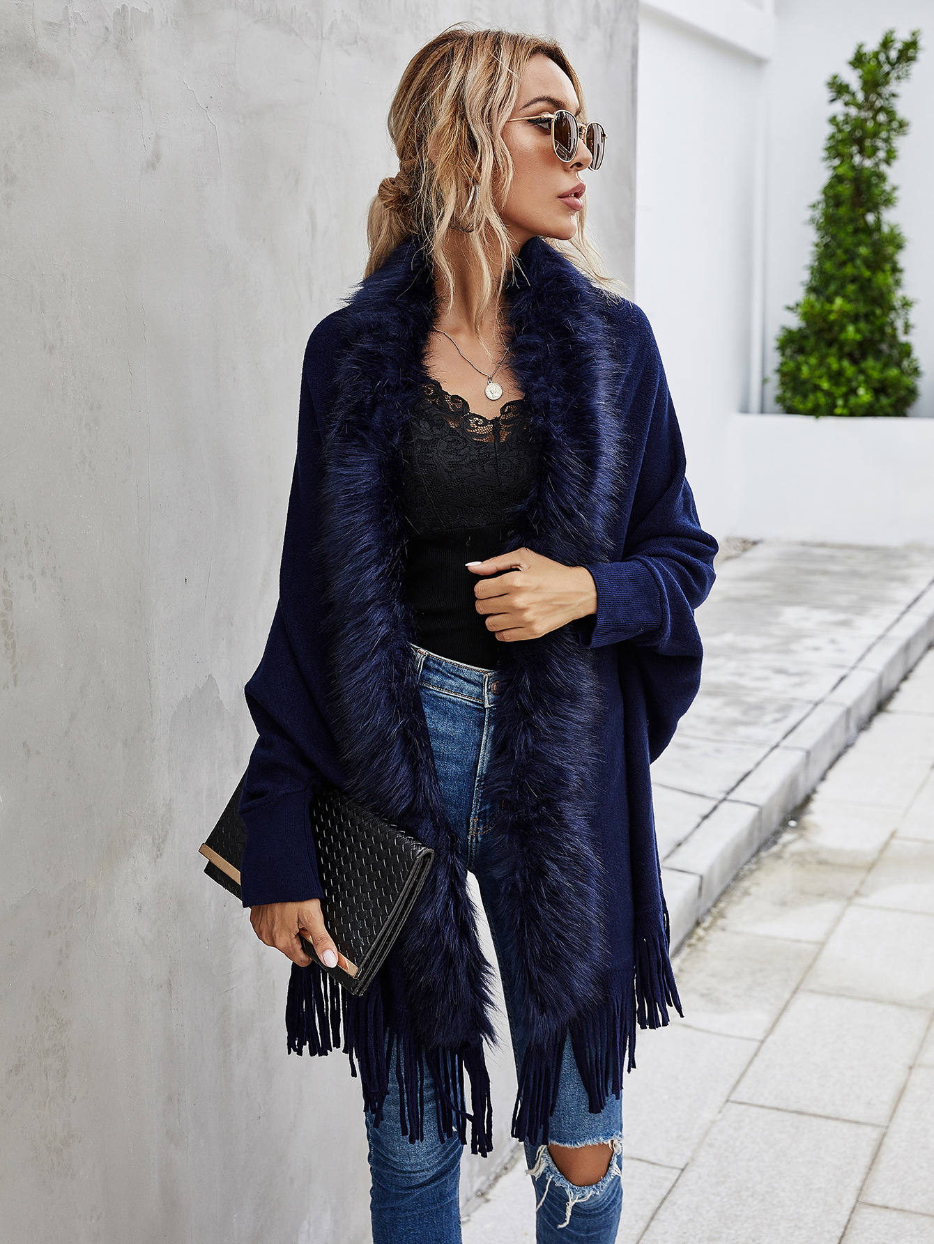 European and American Foreign Trade Sweater Women 2021 Amazon Independent Station Autumn and Winter New Fur Collar Shawl Cardigan Sweater Coat