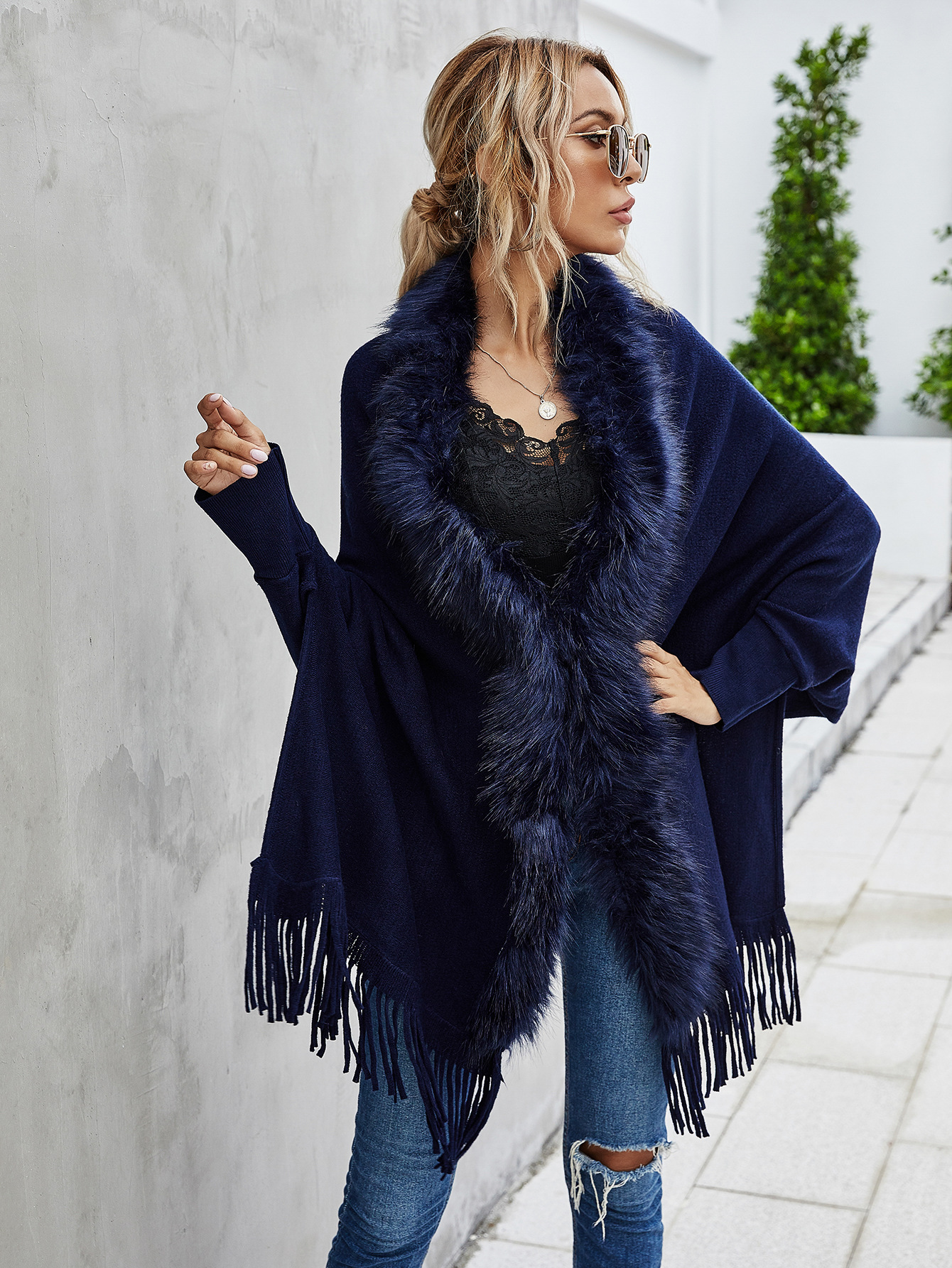European and American Foreign Trade Sweater Women 2021 Amazon Independent Station Autumn and Winter New Fur Collar Shawl Cardigan Sweater Coat