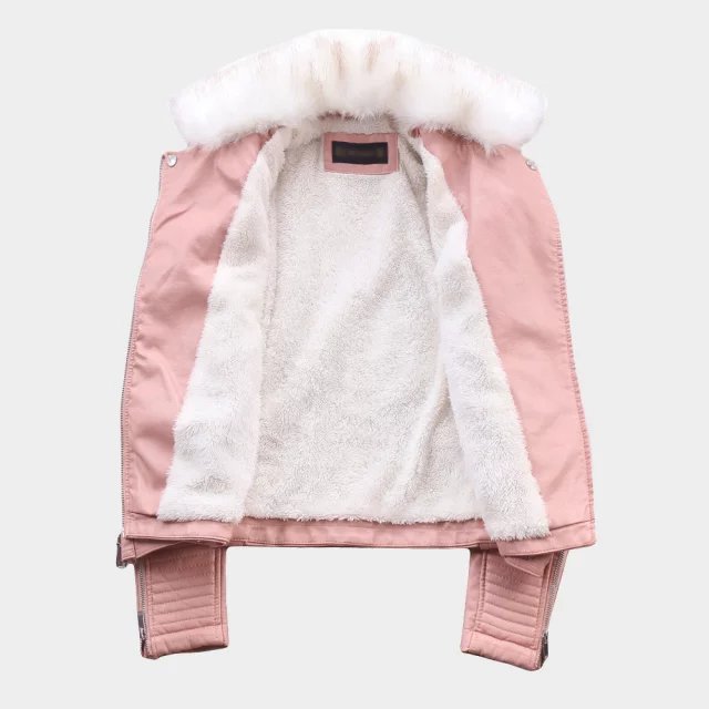 New Autumn Winter 2017 Solidcolor short belt fur collar Motorcycle Leather and Velvet Jacket FEMALE 011505