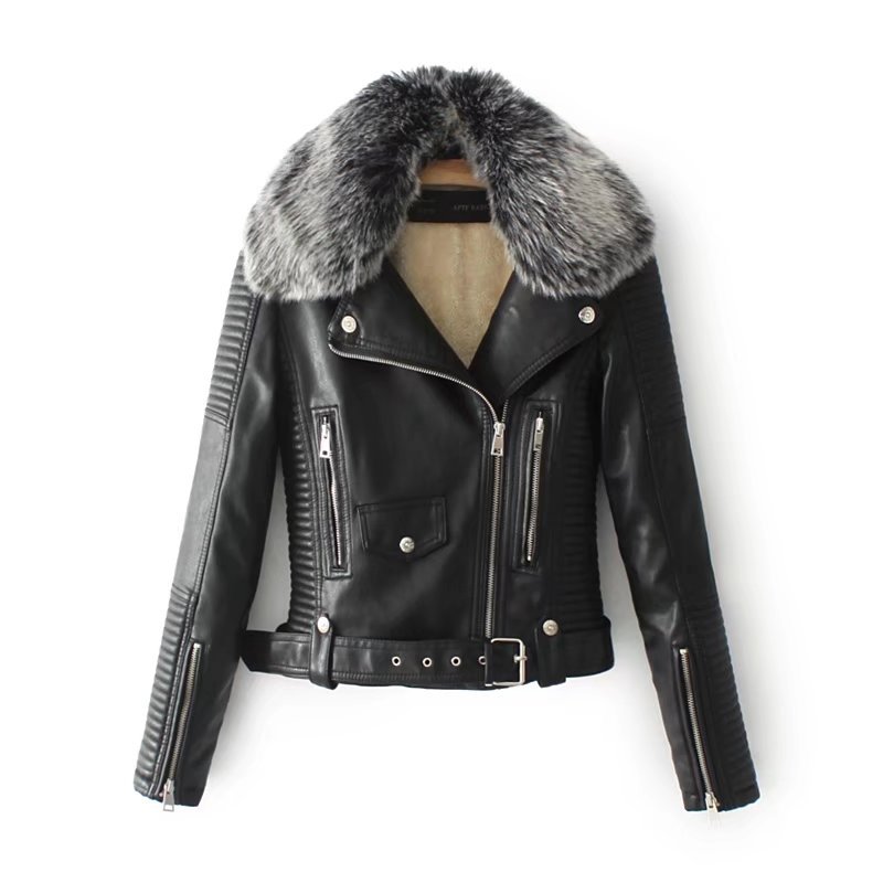 New Autumn Winter 2017 Solidcolor short belt fur collar Motorcycle Leather and Velvet Jacket FEMALE 011505