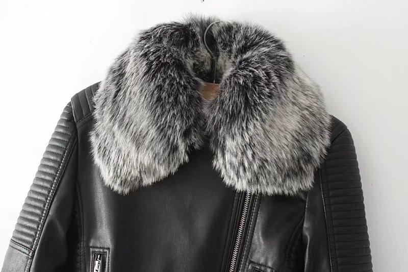New Autumn Winter 2017 Solidcolor short belt fur collar Motorcycle Leather and Velvet Jacket FEMALE 011505