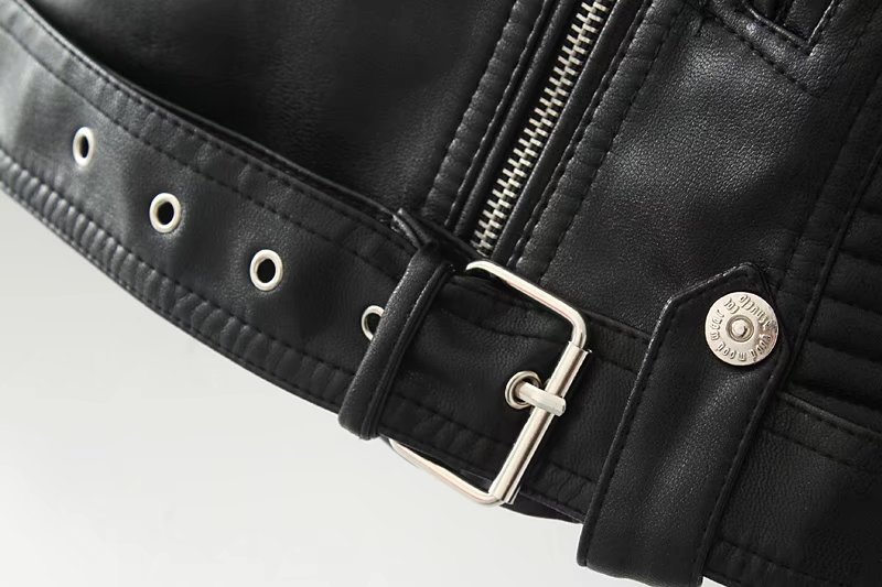 New Autumn Winter 2017 Solidcolor short belt fur collar Motorcycle Leather and Velvet Jacket FEMALE 011505