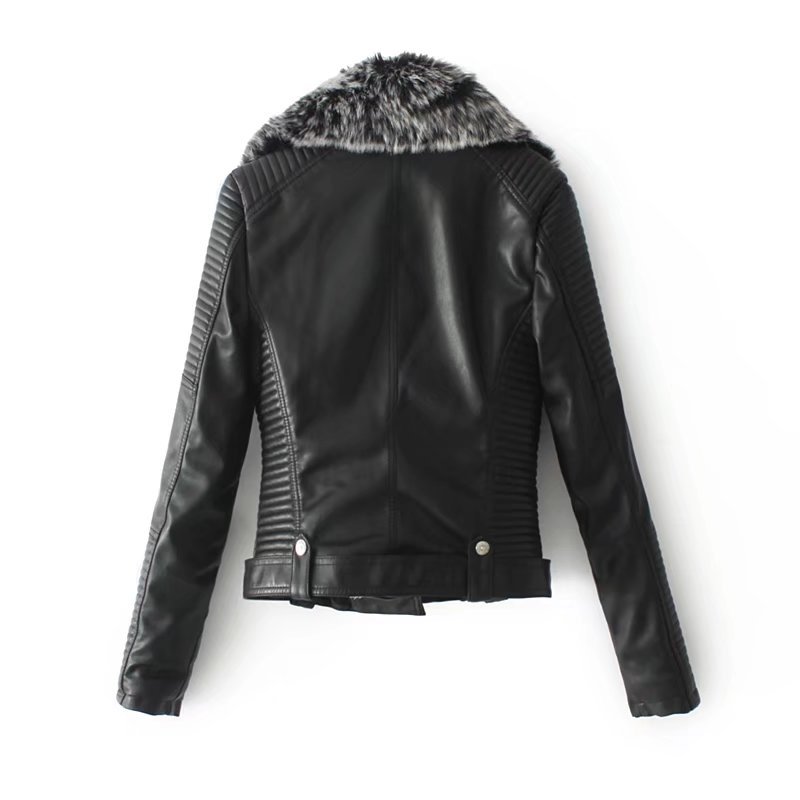 New Autumn Winter 2017 Solidcolor short belt fur collar Motorcycle Leather and Velvet Jacket FEMALE 011505