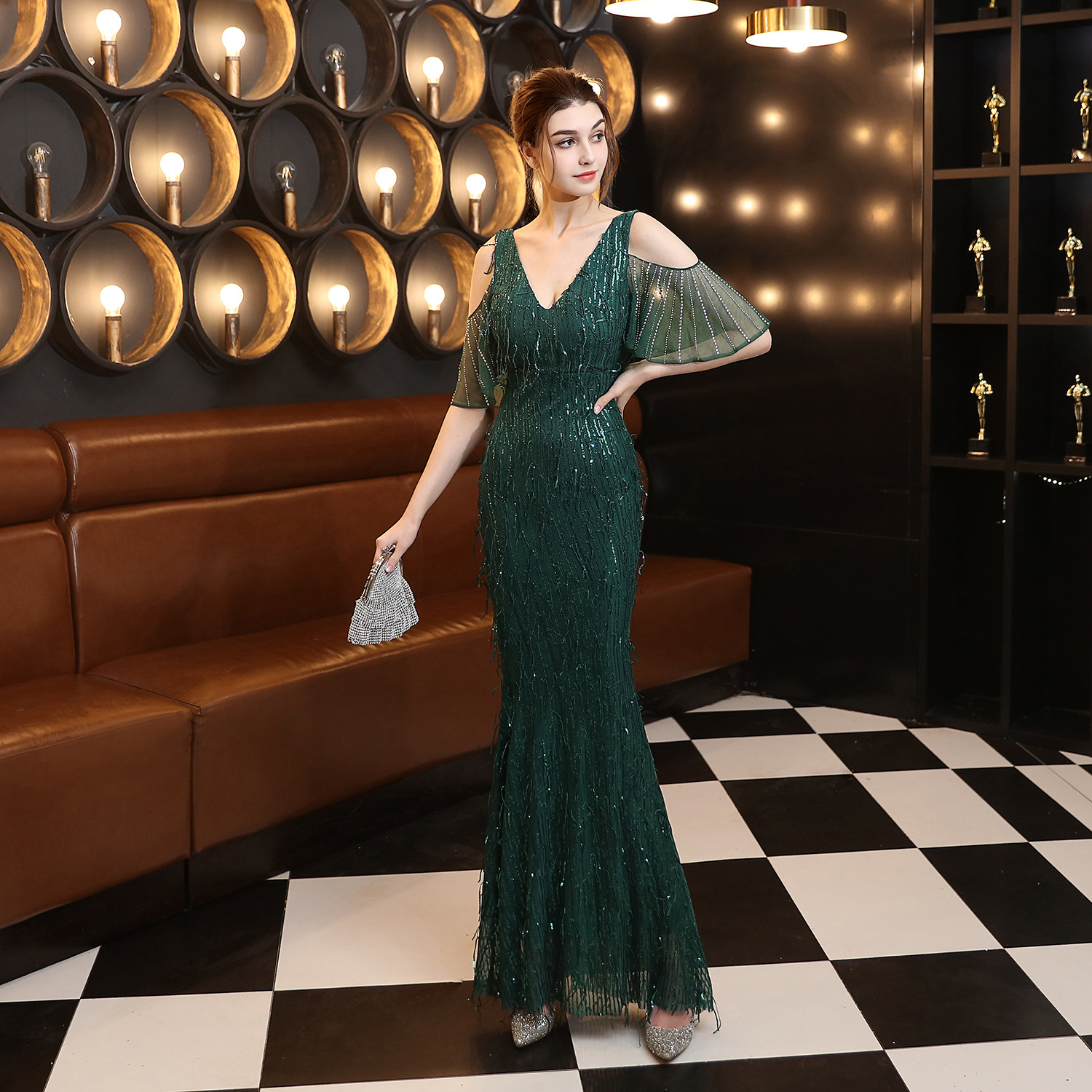 18135# Polyester Silk Tassel Sequin Fishtail Banquet Elegant Graceful Internet Celebrity Host Car Model Party Dress for Women