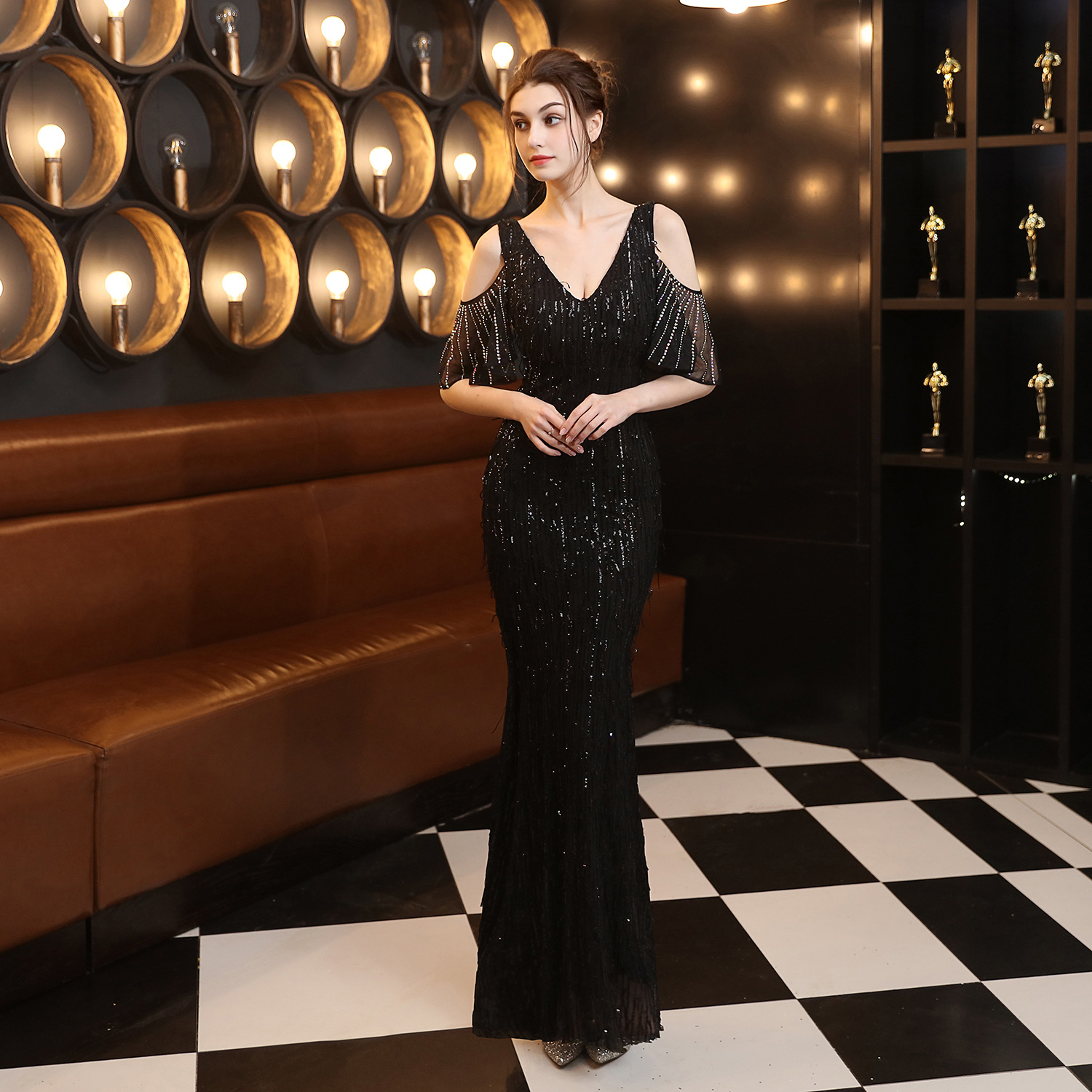 18135# Polyester Silk Tassel Sequin Fishtail Banquet Elegant Graceful Internet Celebrity Host Car Model Party Dress for Women