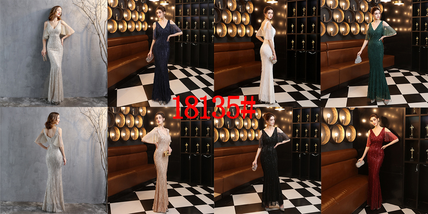 18135# Polyester Silk Tassel Sequin Fishtail Banquet Elegant Graceful Internet Celebrity Host Car Model Party Dress for Women