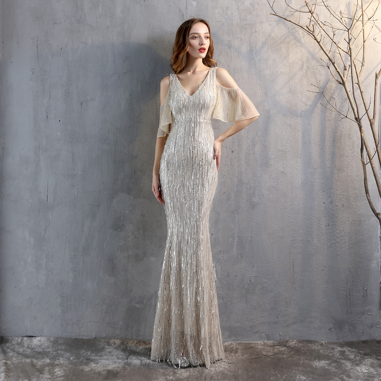 18135# Polyester Silk Tassel Sequin Fishtail Banquet Elegant Graceful Internet Celebrity Host Car Model Party Dress for Women