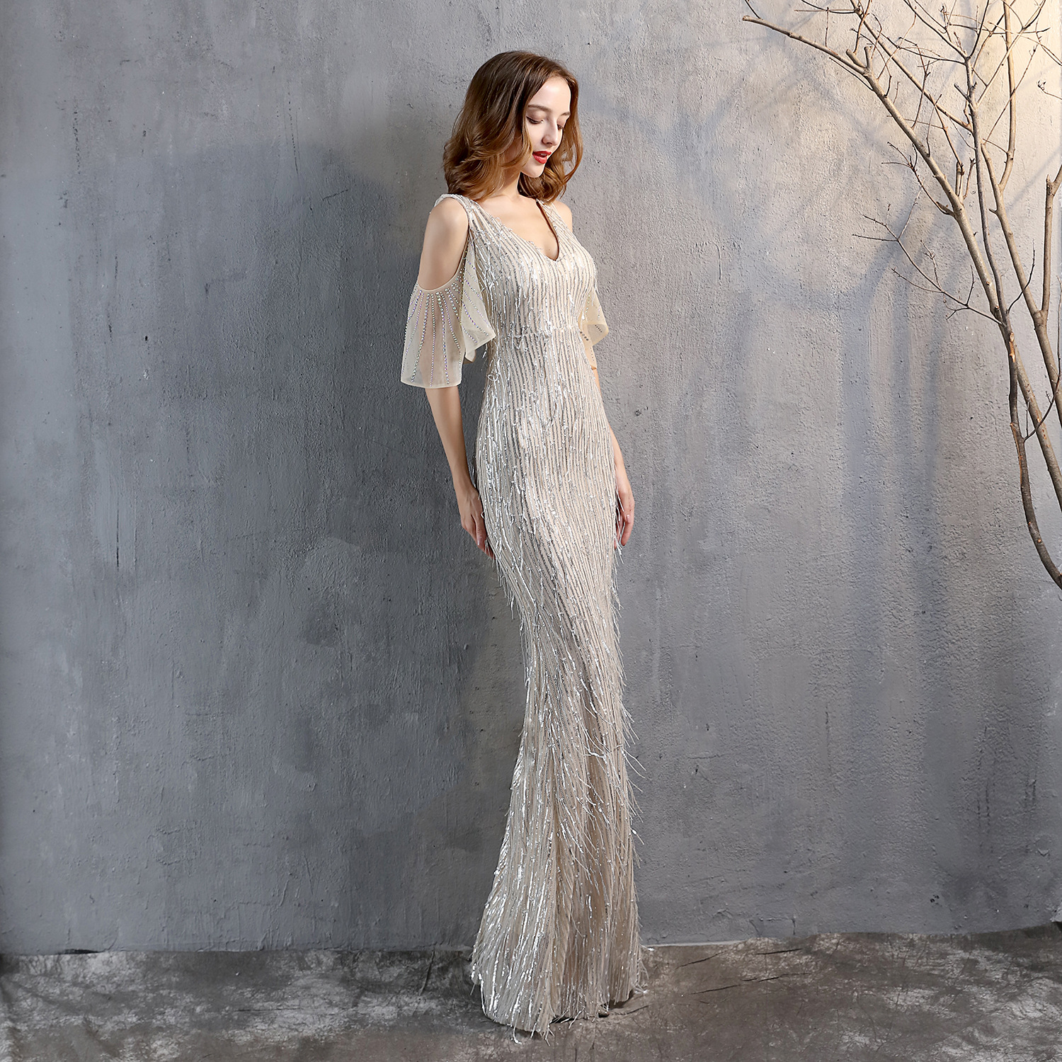 18135# Polyester Silk Tassel Sequin Fishtail Banquet Elegant Graceful Internet Celebrity Host Car Model Party Dress for Women