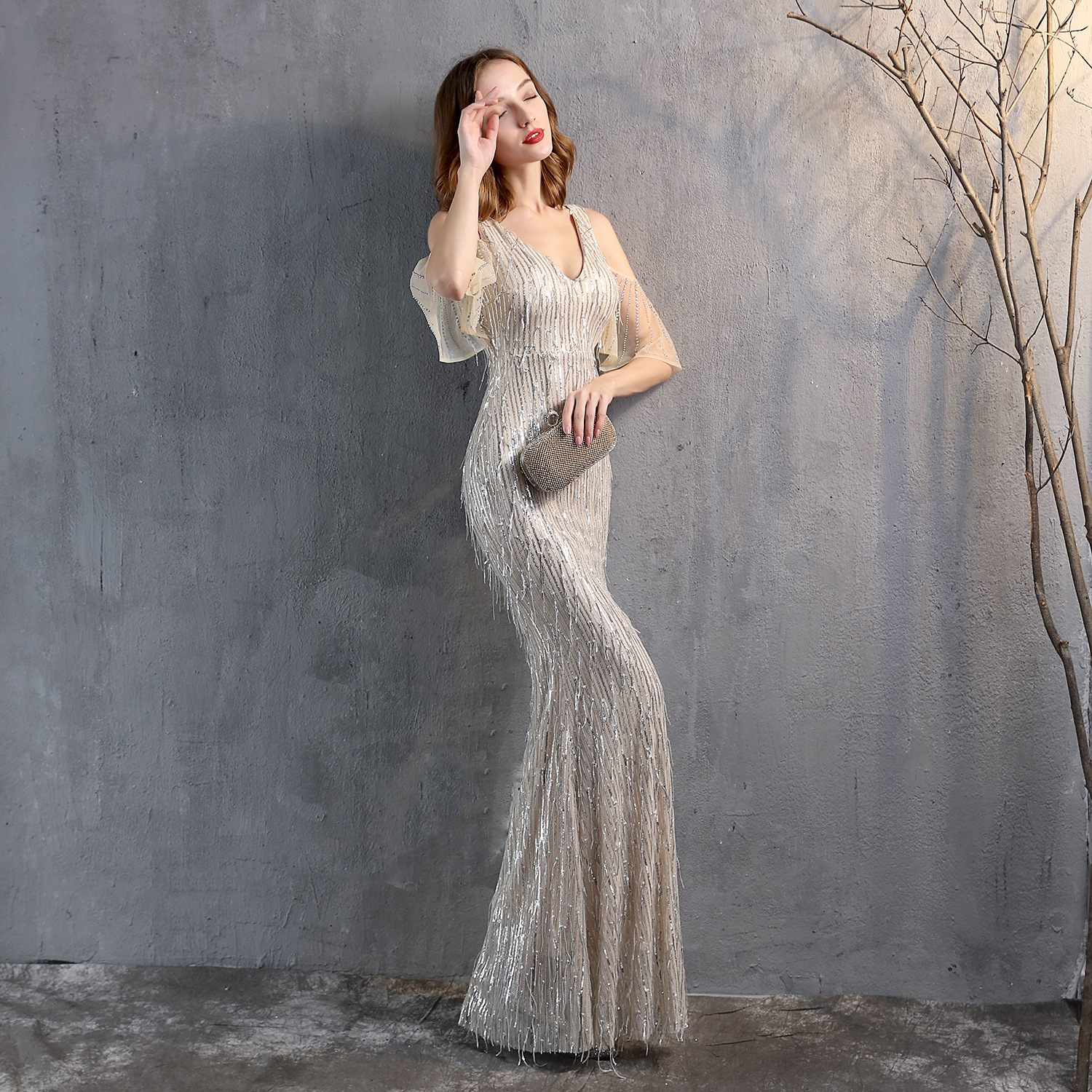 18135# Polyester Silk Tassel Sequin Fishtail Banquet Elegant Graceful Internet Celebrity Host Car Model Party Dress for Women