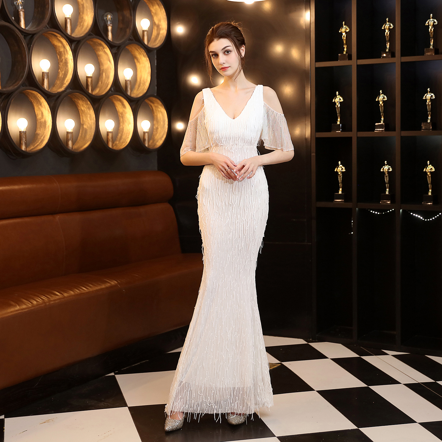 18135# Polyester Silk Tassel Sequin Fishtail Banquet Elegant Graceful Internet Celebrity Host Car Model Party Dress for Women