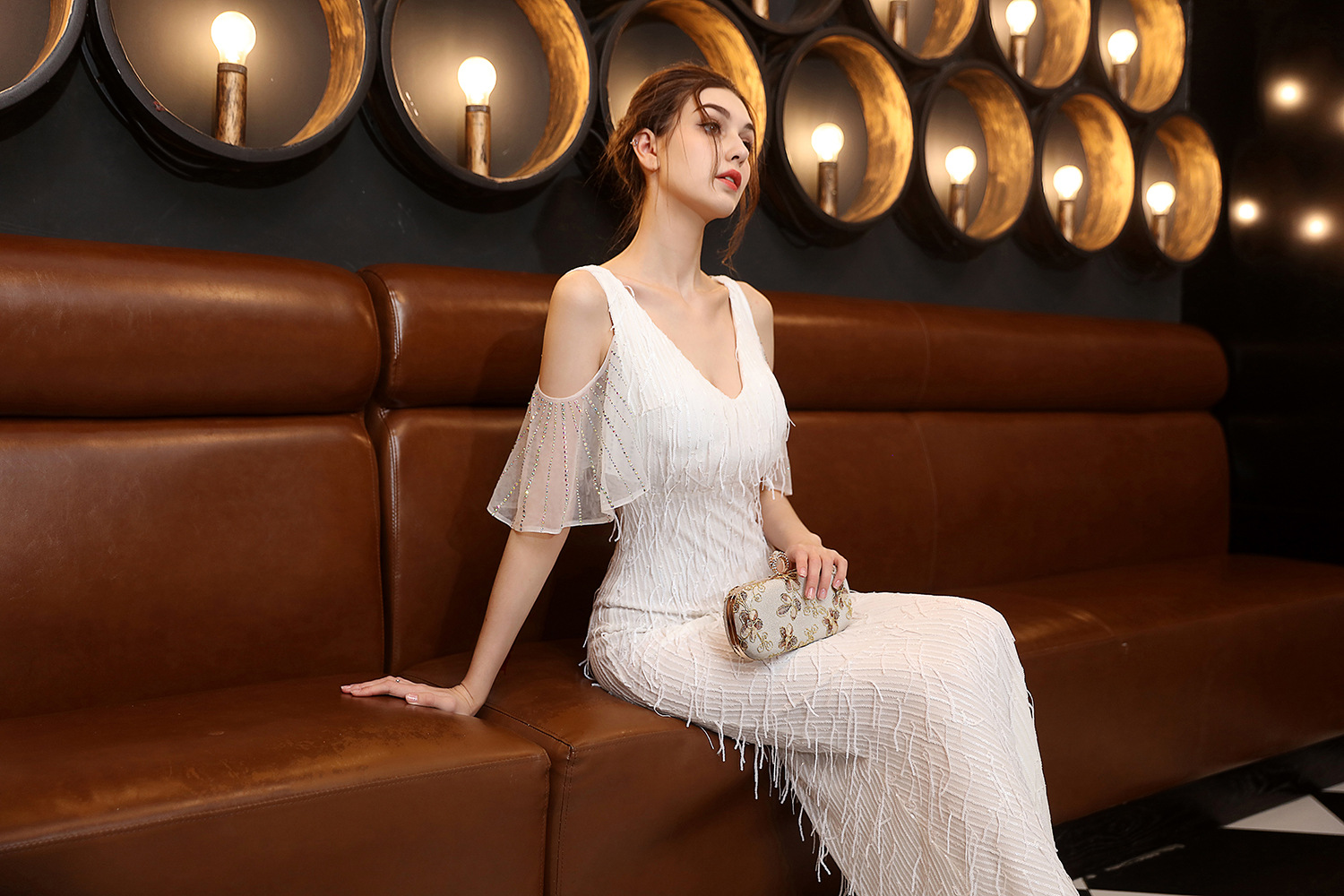 18135# Polyester Silk Tassel Sequin Fishtail Banquet Elegant Graceful Internet Celebrity Host Car Model Party Dress for Women