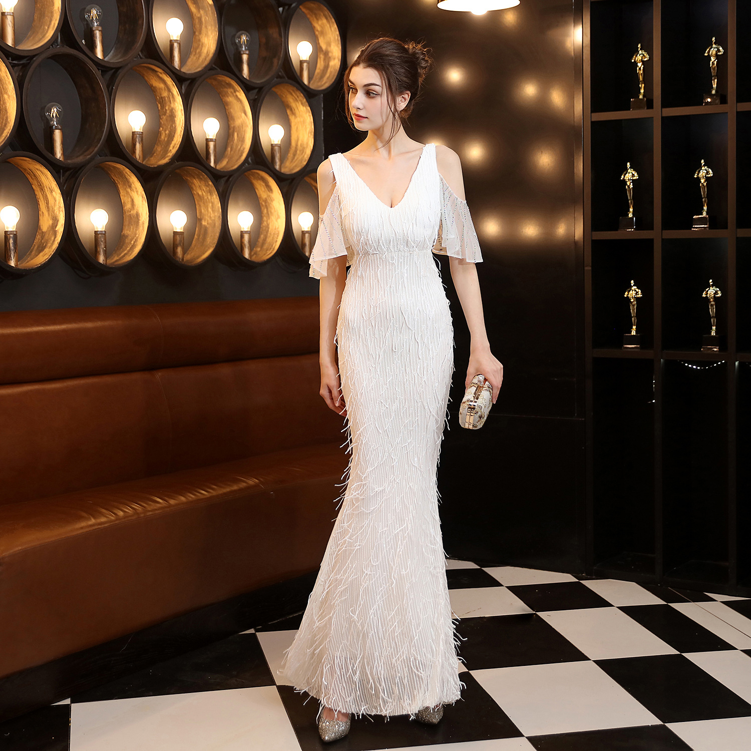 18135# Polyester Silk Tassel Sequin Fishtail Banquet Elegant Graceful Internet Celebrity Host Car Model Party Dress for Women