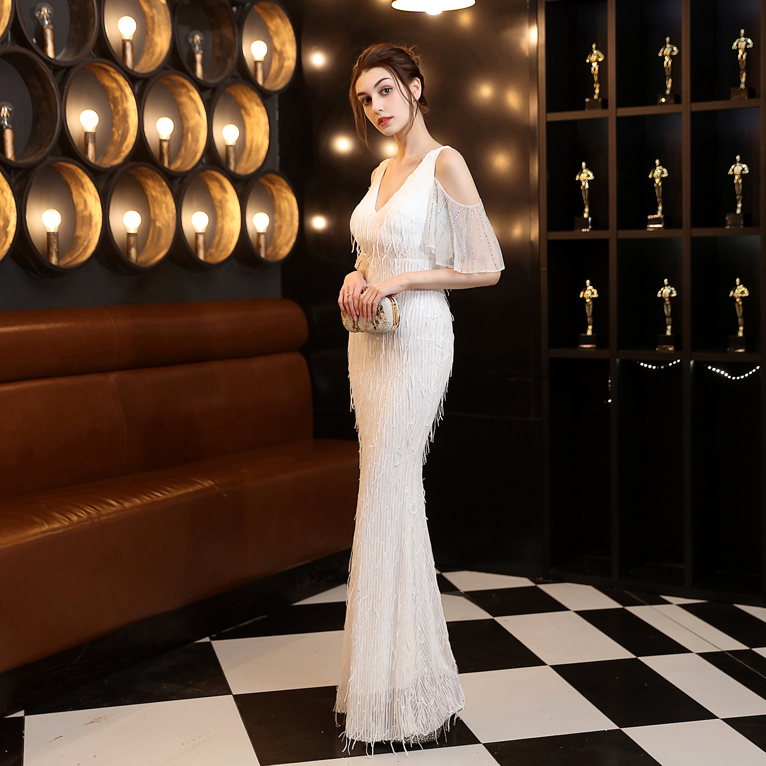 18135# Polyester Silk Tassel Sequin Fishtail Banquet Elegant Graceful Internet Celebrity Host Car Model Party Dress for Women
