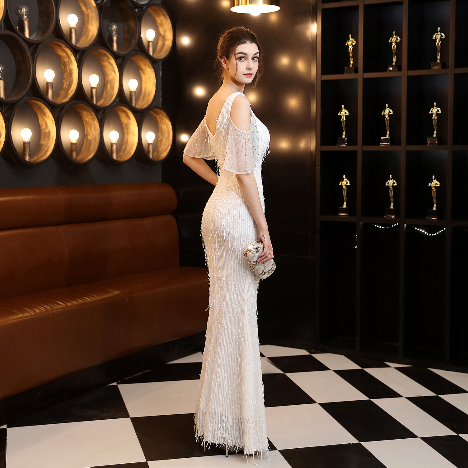 18135# Polyester Silk Tassel Sequin Fishtail Banquet Elegant Graceful Internet Celebrity Host Car Model Party Dress for Women