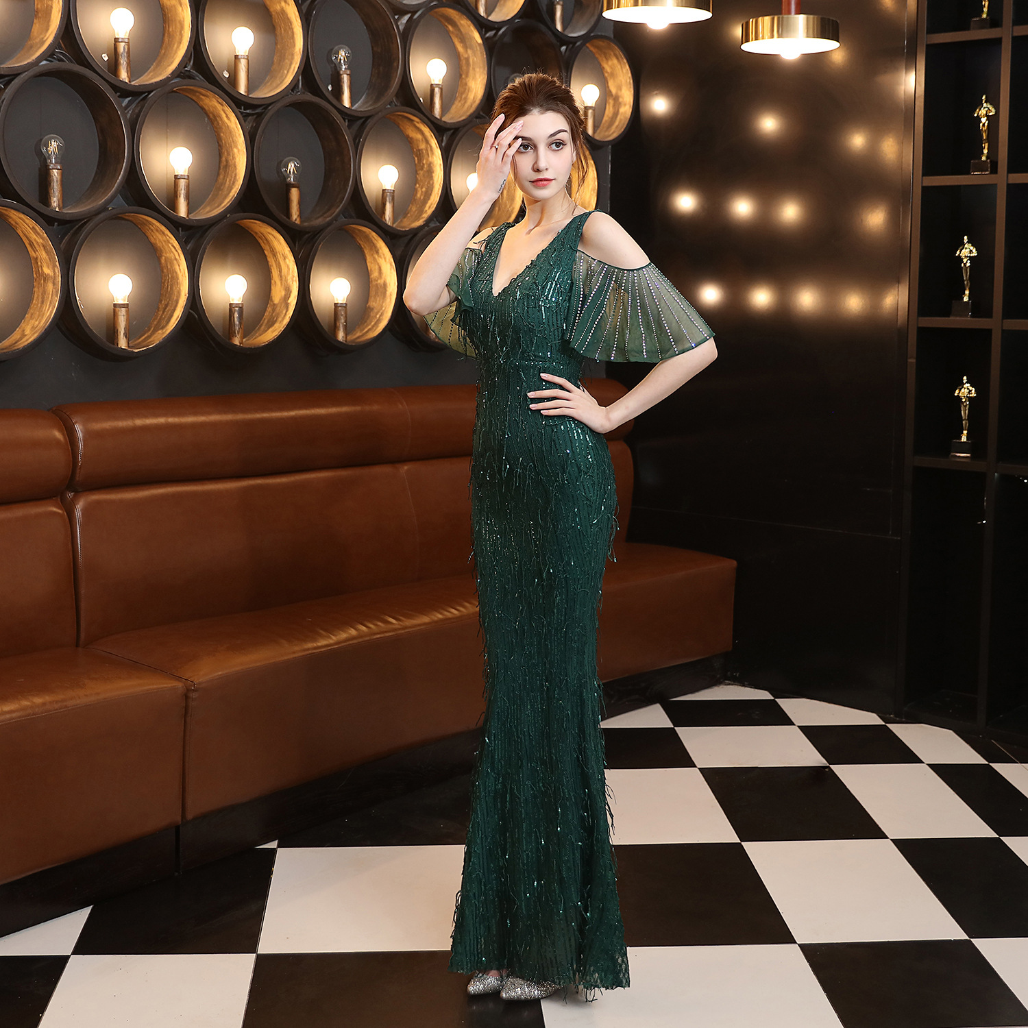 18135# Polyester Silk Tassel Sequin Fishtail Banquet Elegant Graceful Internet Celebrity Host Car Model Party Dress for Women
