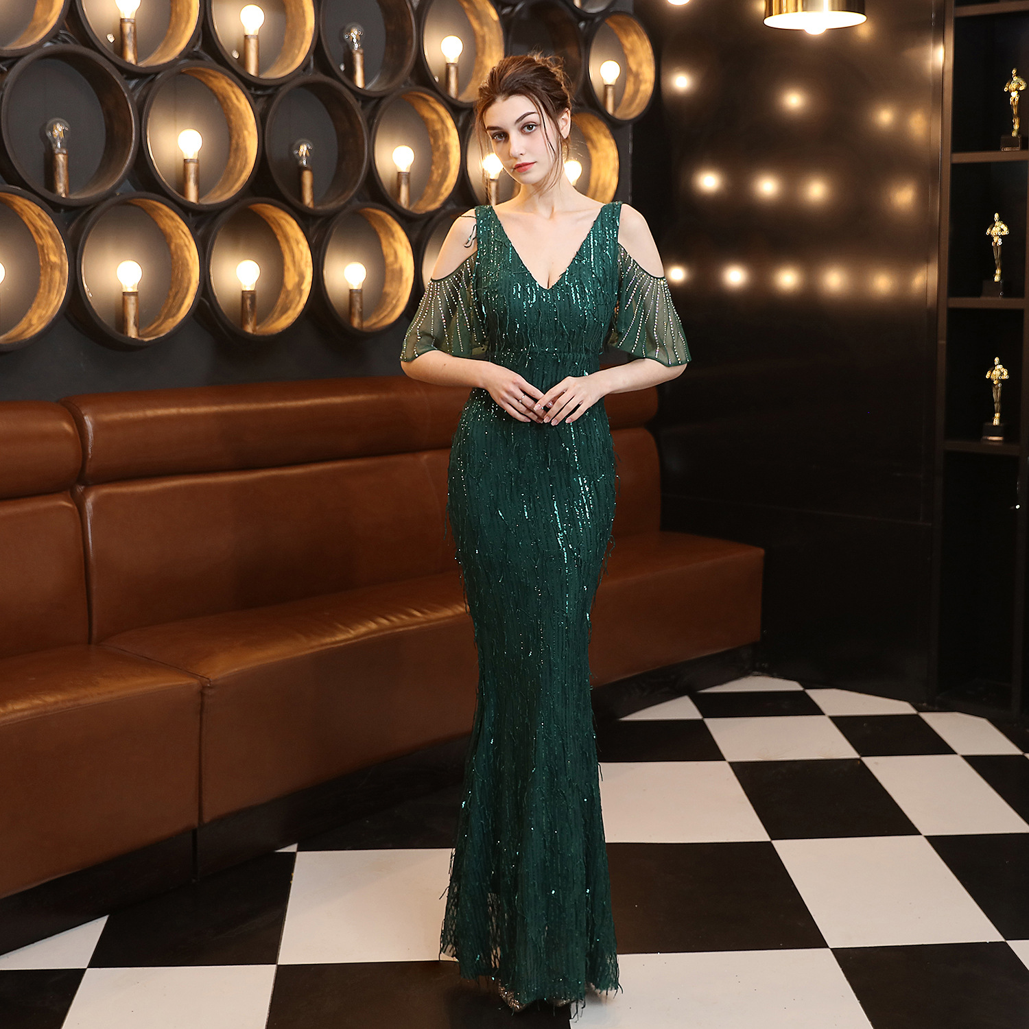18135# Polyester Silk Tassel Sequin Fishtail Banquet Elegant Graceful Internet Celebrity Host Car Model Party Dress for Women