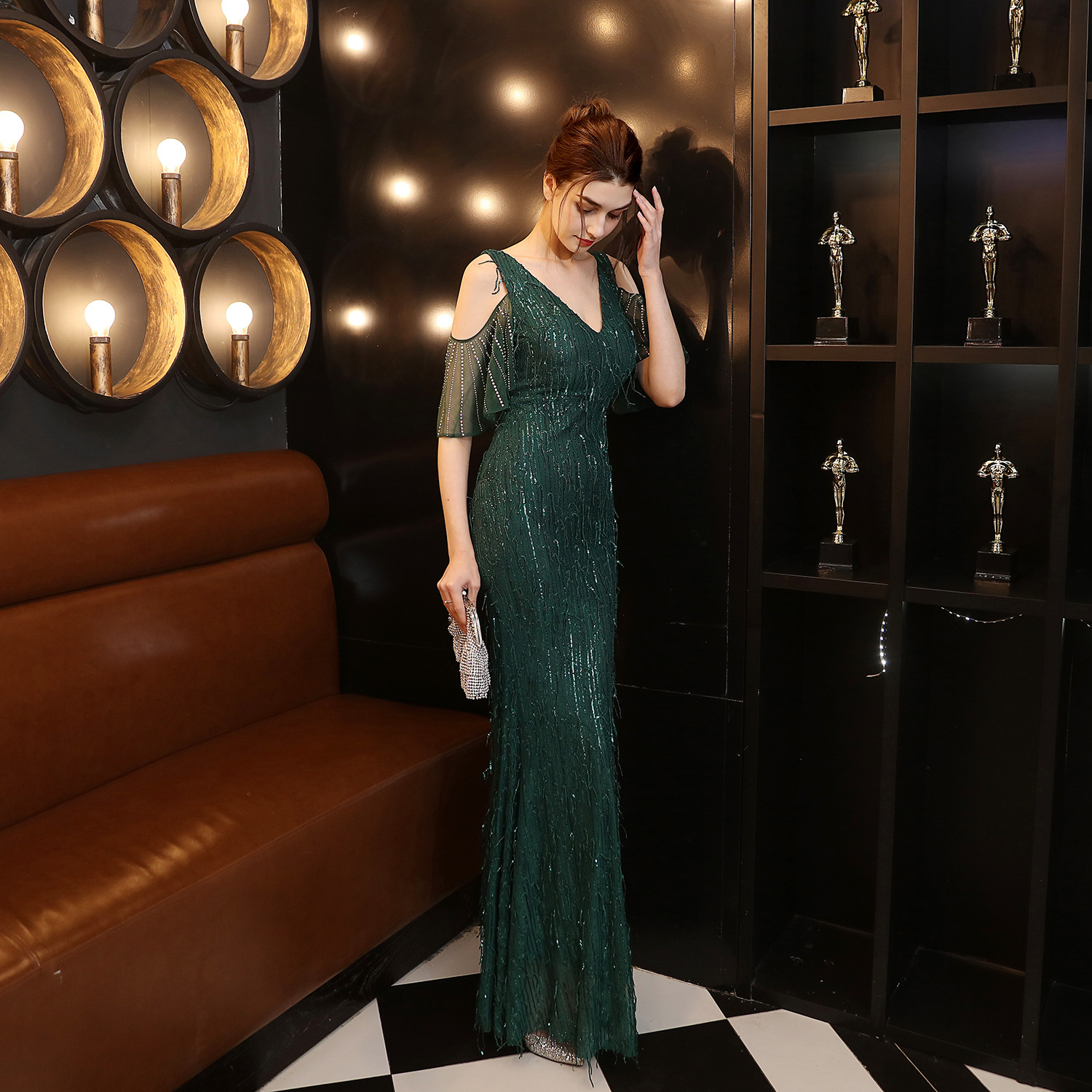 18135# Polyester Silk Tassel Sequin Fishtail Banquet Elegant Graceful Internet Celebrity Host Car Model Party Dress for Women