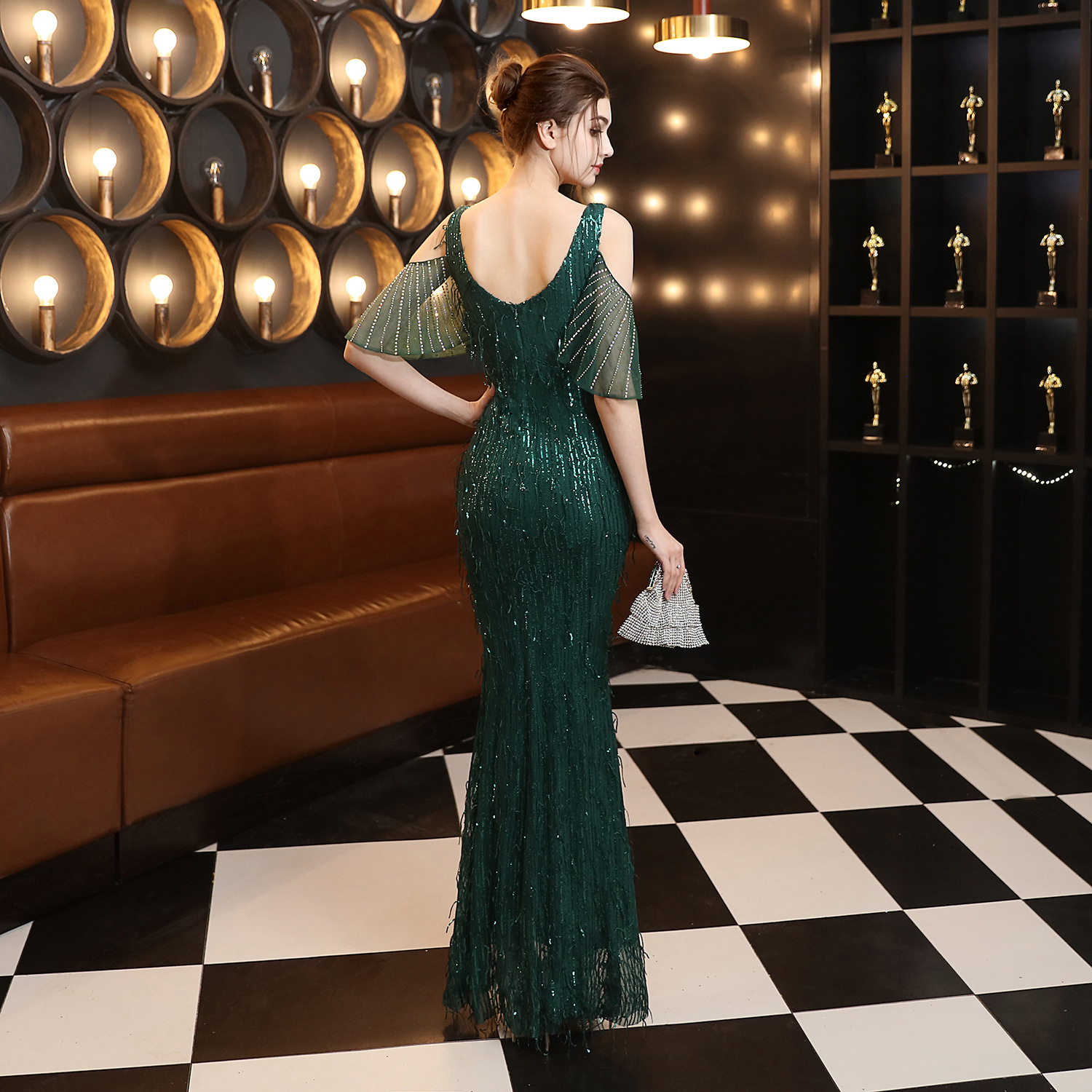 18135# Polyester Silk Tassel Sequin Fishtail Banquet Elegant Graceful Internet Celebrity Host Car Model Party Dress for Women