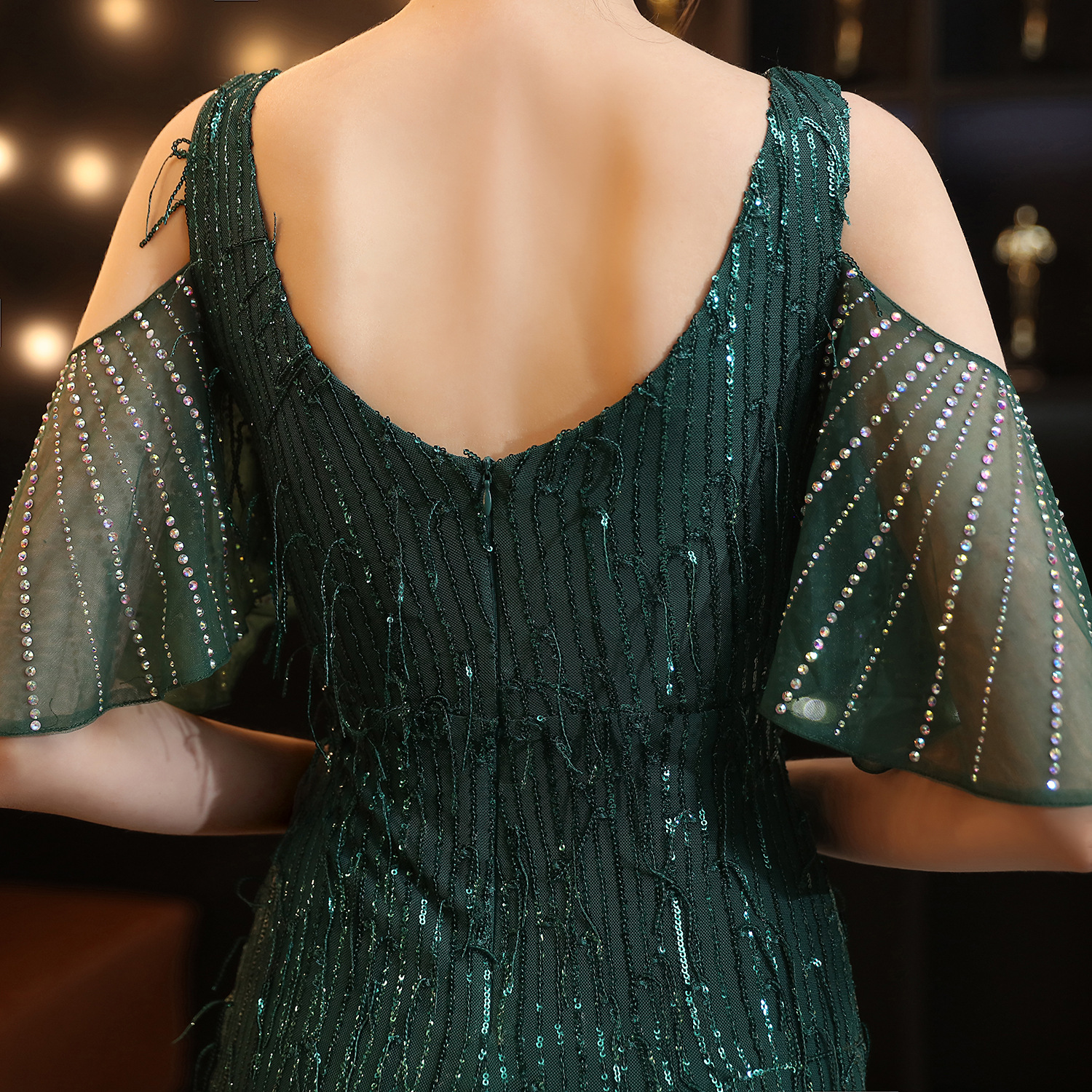 18135# Polyester Silk Tassel Sequin Fishtail Banquet Elegant Graceful Internet Celebrity Host Car Model Party Dress for Women
