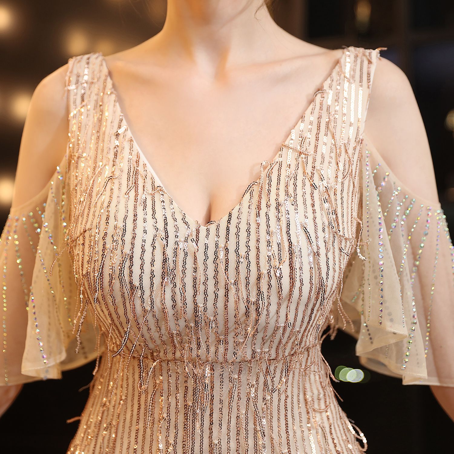 18135# Polyester Silk Tassel Sequin Fishtail Banquet Elegant Graceful Internet Celebrity Host Car Model Party Dress for Women