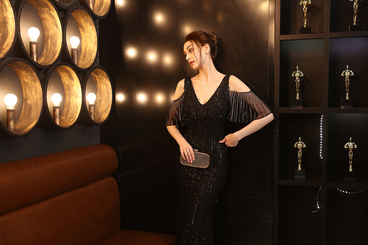 18135# Polyester Silk Tassel Sequin Fishtail Banquet Elegant Graceful Internet Celebrity Host Car Model Party Dress for Women