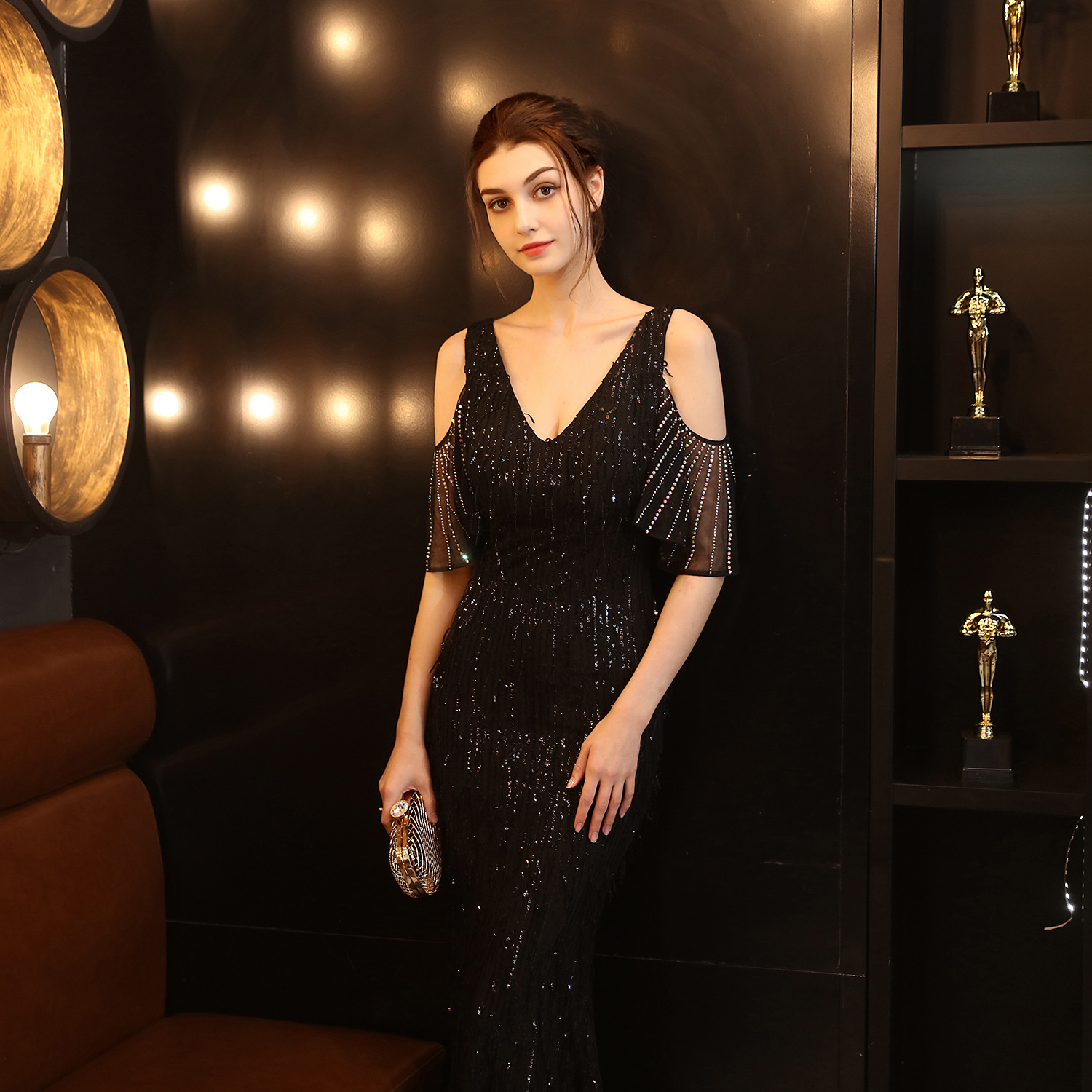 18135# Polyester Silk Tassel Sequin Fishtail Banquet Elegant Graceful Internet Celebrity Host Car Model Party Dress for Women