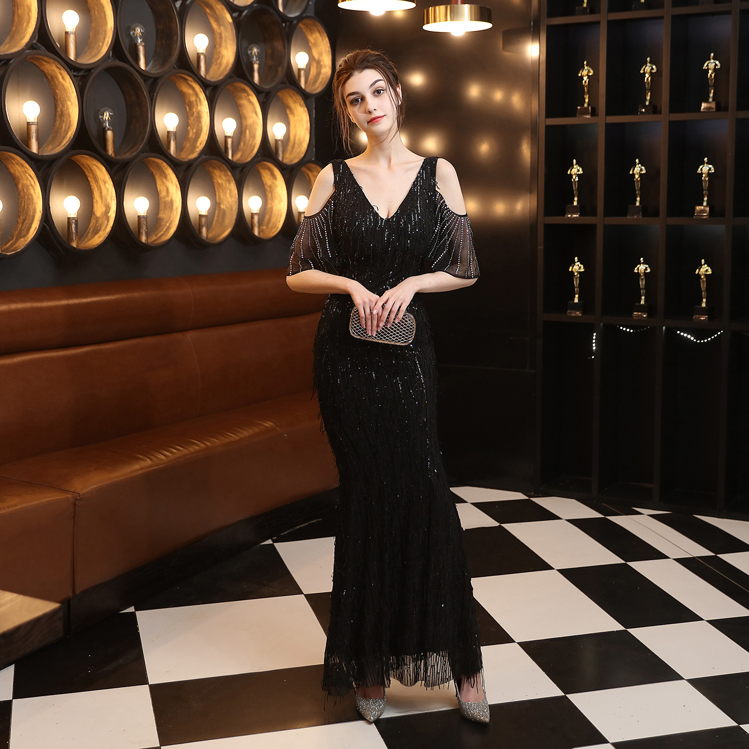 18135# Polyester Silk Tassel Sequin Fishtail Banquet Elegant Graceful Internet Celebrity Host Car Model Party Dress for Women