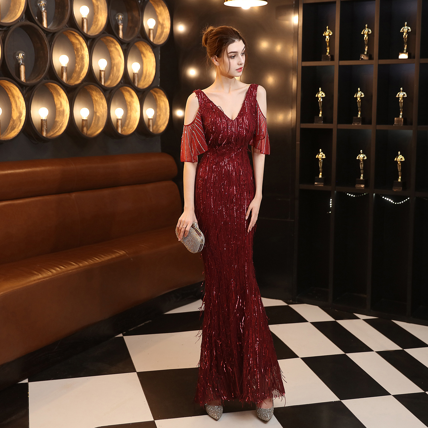 18135# Polyester Silk Tassel Sequin Fishtail Banquet Elegant Graceful Internet Celebrity Host Car Model Party Dress for Women