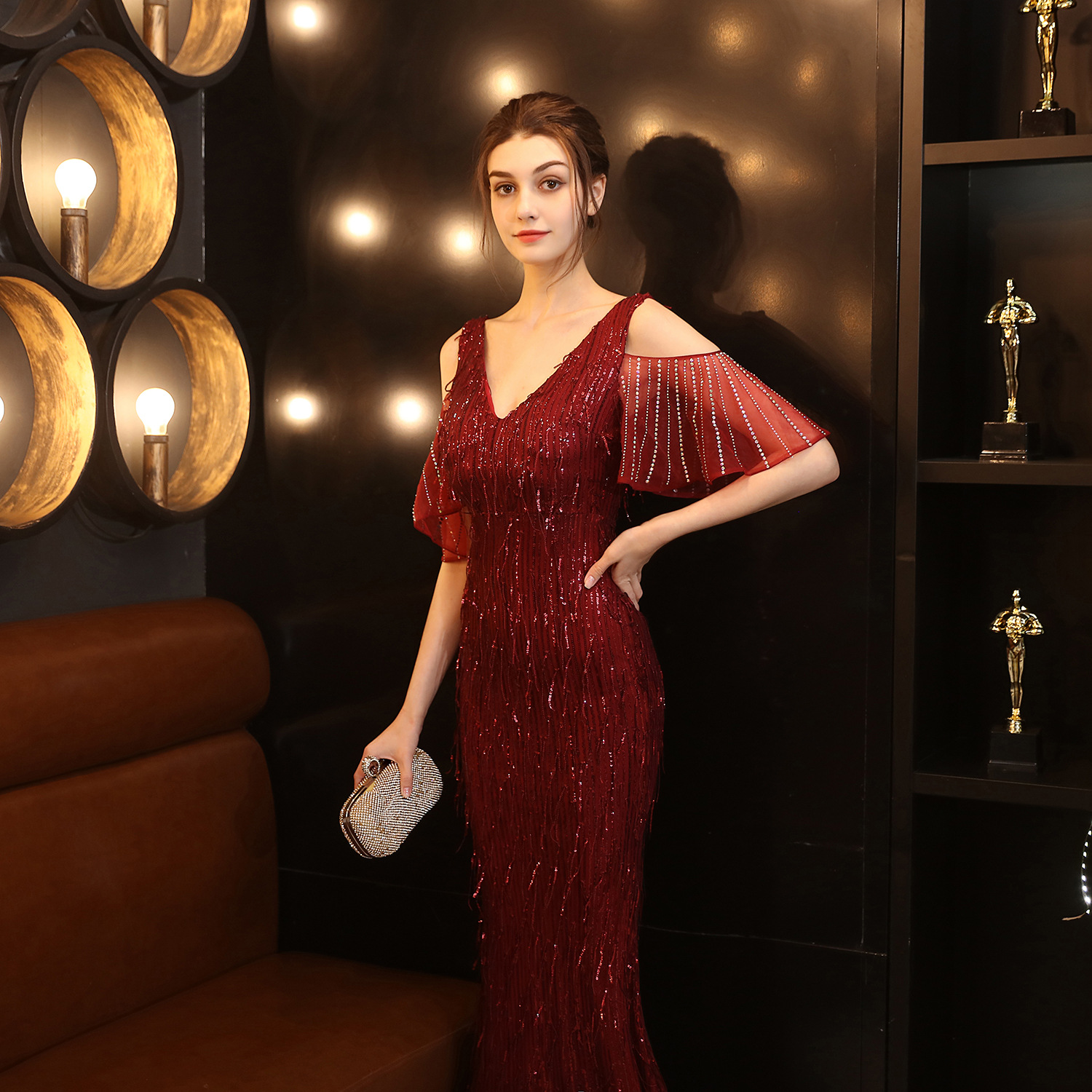 18135# Polyester Silk Tassel Sequin Fishtail Banquet Elegant Graceful Internet Celebrity Host Car Model Party Dress for Women