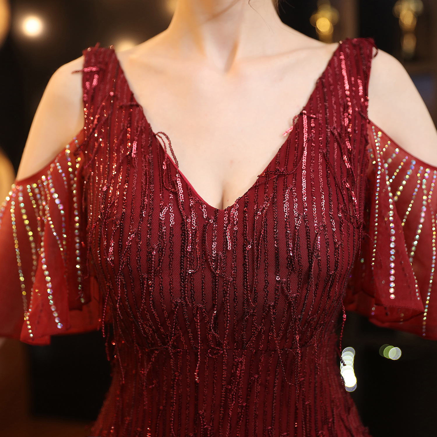 18135# Polyester Silk Tassel Sequin Fishtail Banquet Elegant Graceful Internet Celebrity Host Car Model Party Dress for Women