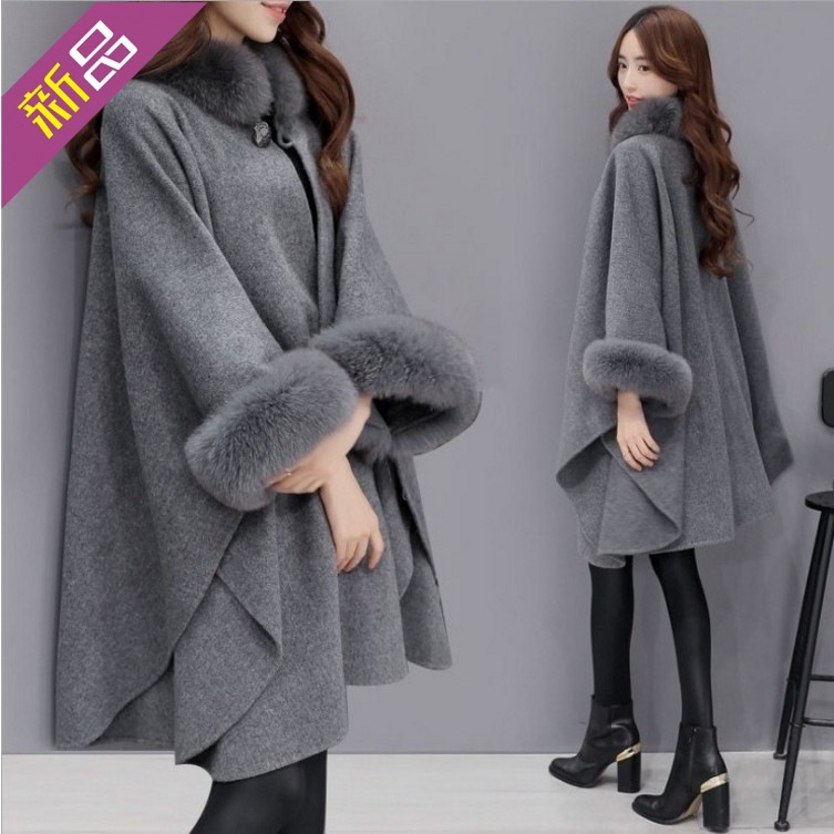 The new 2018 Korean fox fur collar medium length woollen coat style cape cape woollen cloth coat female