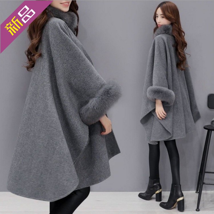 The new 2018 Korean fox fur collar medium length woollen coat style cape cape woollen cloth coat female