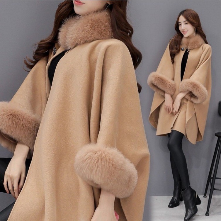 Spot winter coat new Korean fox fur collar in long woolen coat temperament cape cape cape jacket women
