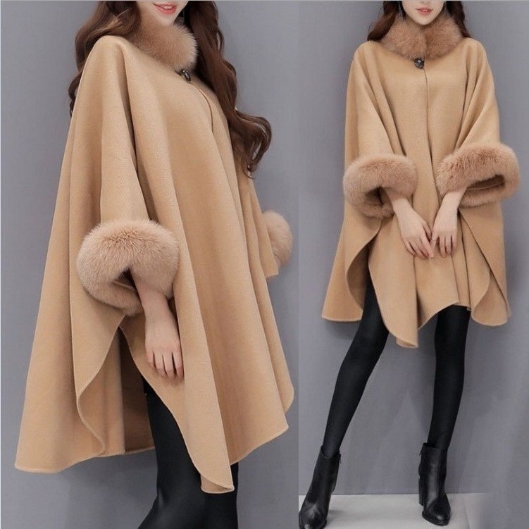 Spot winter coat new Korean fox fur collar in long woolen coat temperament cape cape cape jacket women