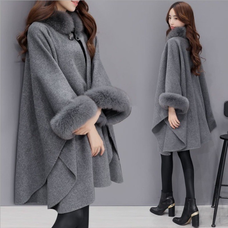 Spot winter coat new Korean fox fur collar in long woolen coat temperament cape cape cape jacket women