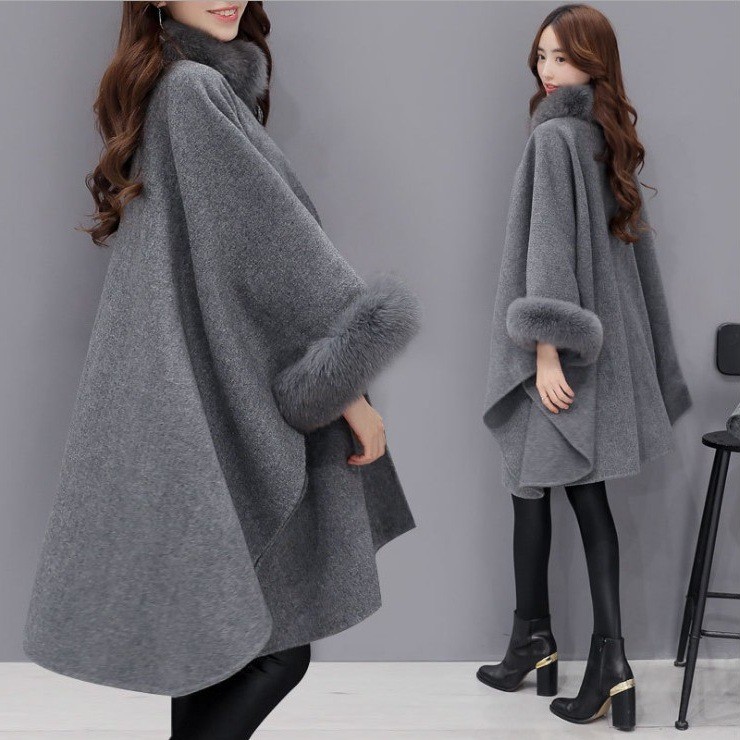 Spot winter coat new Korean fox fur collar in long woolen coat temperament cape cape cape jacket women