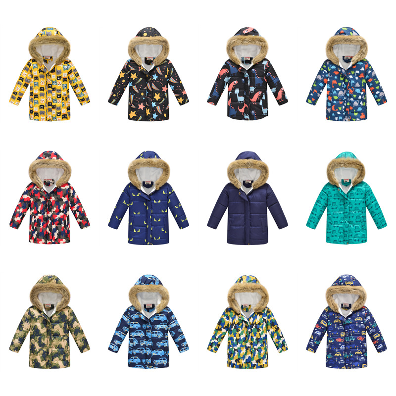 New Children&#039;s Clothing Boys and Girls MultiColor Printing Children&#039;s Long Fur Collar Hooded Cotton Overcoat Cotton Coat