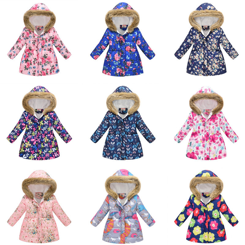New Children&#039;s Clothing Boys and Girls MultiColor Printing Children&#039;s Long Fur Collar Hooded Cotton Overcoat Cotton Coat